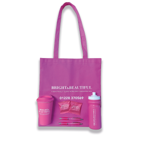 Bright merchandise branded starter pack including a bag, bottle, cup and sweets